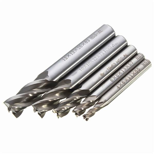 Drillpro DB-M2 5pcs 4/6/8/10/12mm 4 Flute End Mill Cutter HSS Straight Shank Drill Bits