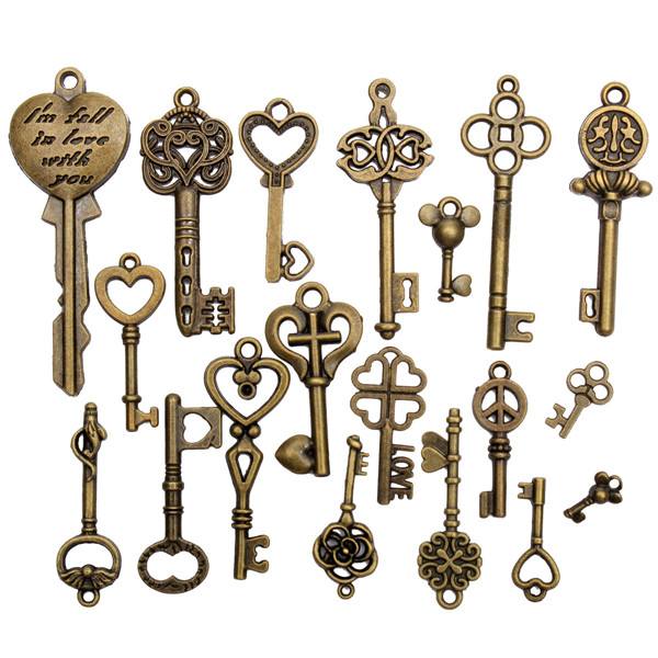 19Pcs Antique Vintage Old Look Skeleton Key Set Lot Pendant Heart Bow Lock Steampunk Jewel - photo 4