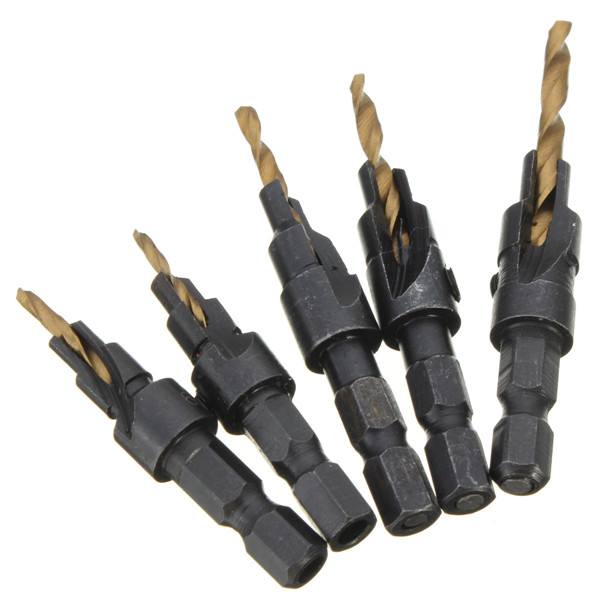 5pcs Titanium Coated Countersunk Drill Bit Set 1/4 Inch Hex Shank Quick Change Woodworking - photo 3