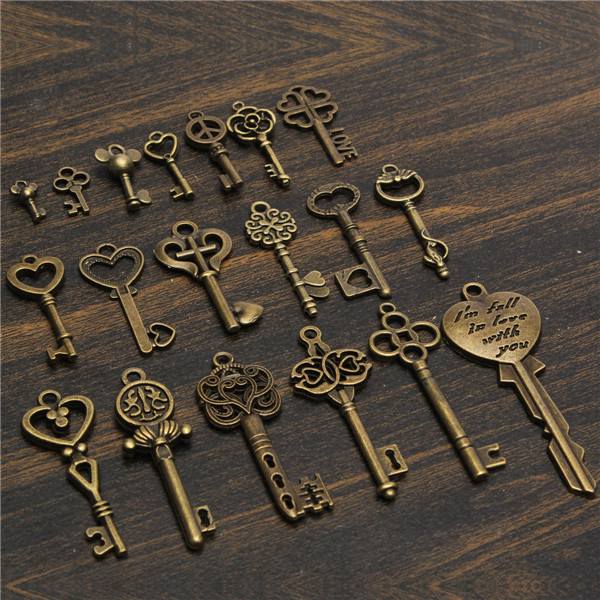 19Pcs Antique Vintage Old Look Skeleton Key Set Lot Pendant Heart Bow Lock Steampunk Jewel - photo 9