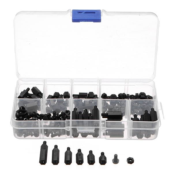 180pcs M3 Nylon Black M-F Hex Spacers Screw Nut Assortment Kit - photo 2