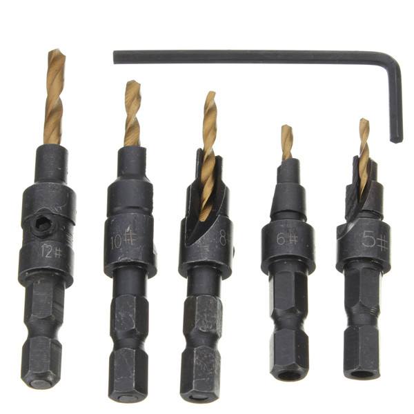 5pcs Titanium Coated Countersunk Drill Bit Set 1/4 Inch Hex Shank Quick Change Woodworking - photo 1