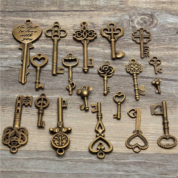 19Pcs Antique Vintage Old Look Skeleton Key Set Lot Pendant Heart Bow Lock Steampunk Jewel - photo 5