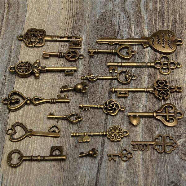 19Pcs Antique Vintage Old Look Skeleton Key Set Lot Pendant Heart Bow Lock Steampunk Jewel - photo 6