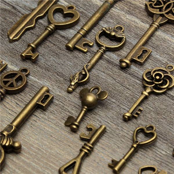 19Pcs Antique Vintage Old Look Skeleton Key Set Lot Pendant Heart Bow Lock Steampunk Jewel - photo 7