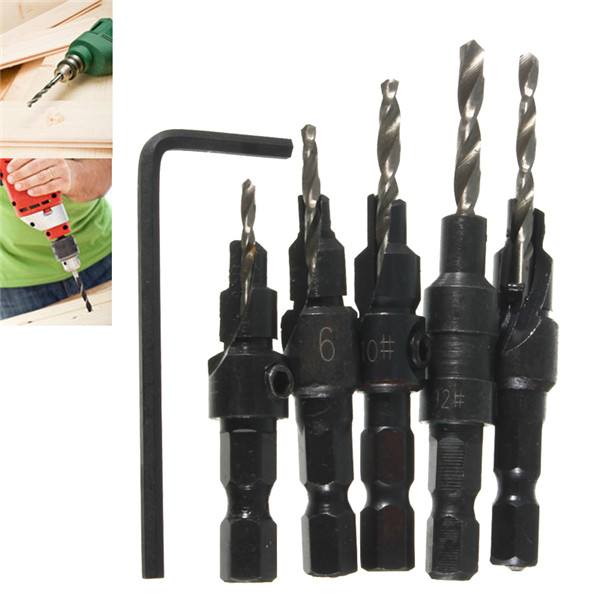 5pcs Hss Countersink Drill Cone Bit Set Quick Change Hex Shank Woodworking Screw Reamer - photo 1