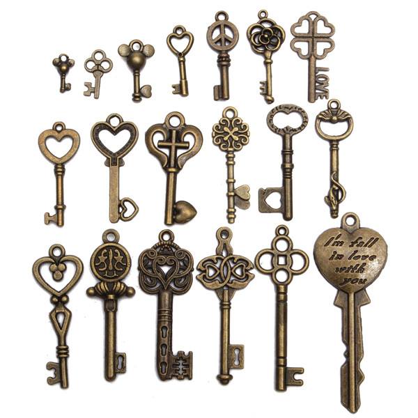 19Pcs Antique Vintage Old Look Skeleton Key Set Lot Pendant Heart Bow Lock Steampunk Jewel - photo 1