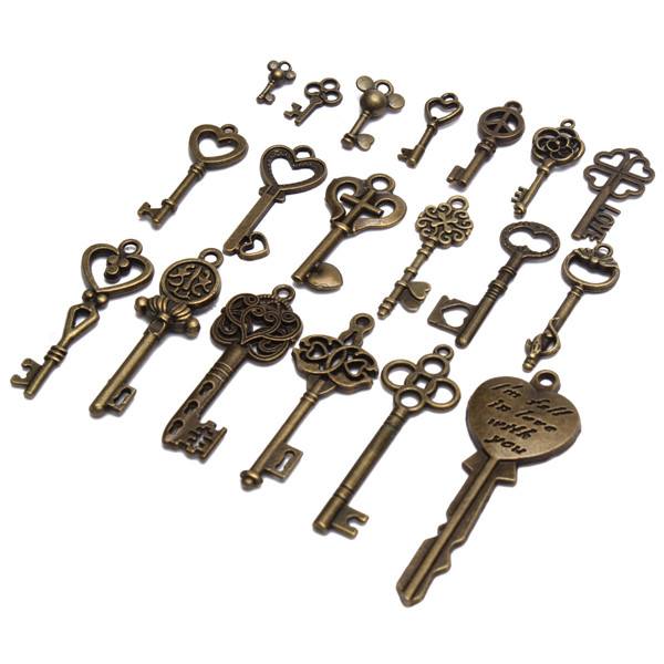 19Pcs Antique Vintage Old Look Skeleton Key Set Lot Pendant Heart Bow Lock Steampunk Jewel - photo 3