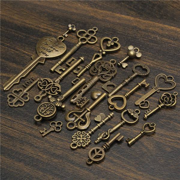 19Pcs Antique Vintage Old Look Skeleton Key Set Lot Pendant Heart Bow Lock Steampunk Jewel - photo 2